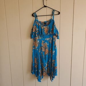 Torrid Cold Shoulder Dress Womens 1X Blue Floral Dress Gauzy Flowy Cotta…